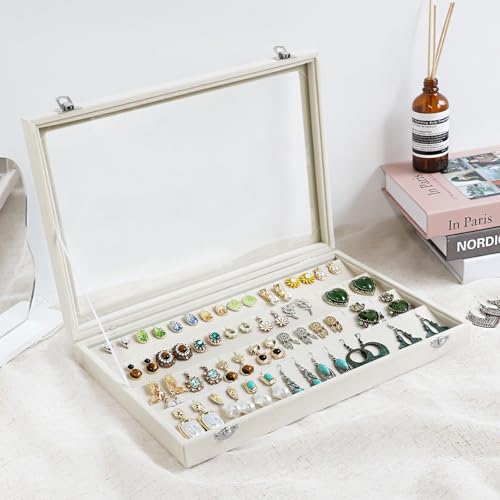Wudygirl Jewelry Organizer Velvet Earring Organizer with Clear Lid 32 Pairs Earring Holder Jewelry Tray Display Case (Beige 64 Slot) - color: Beige, size: Earring