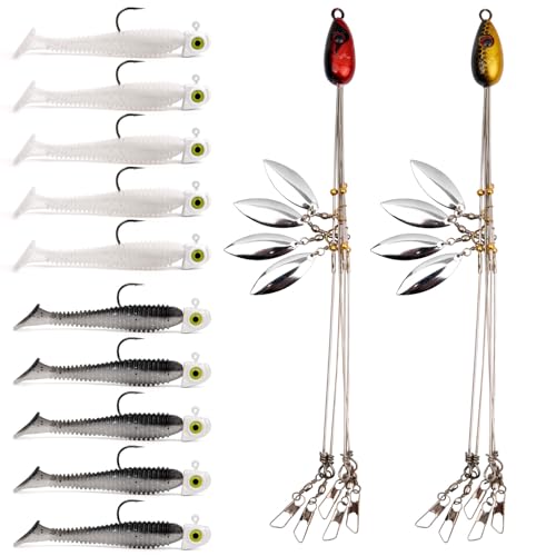 Alabama Rig (A-Rig) Fishing Lures Kit – 2 Rigs, 10 Jig Heads & Swimbaits, Tackle Box for Striper/Bass Fishing