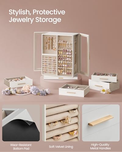 SONGMICS GISELLA Collection - Jewelry Box 360° Rotating, Jewelry Storage Case with 7 Drawers, Jewelry Organizer, Glass Window, Open Design, Great Gift, Light Warm White and Light Camel UJBC201W01 - color: Cloud White, size: 7 Drawers (6.3"d X 8.7"w X 13"h