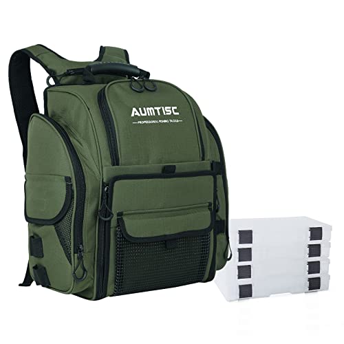 AUMTISC Fishing Tackle Bag Backpack for Men with 4 Tackle Boxes, 2 Rod Holder, Rain Cover, Large Fishing Equipment Gear Bags for Camping, Hiking
