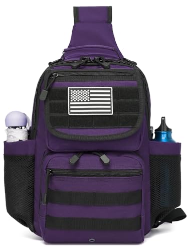 Tactical Sling Crossbody Bag Holster Shoulder Backpack 15L Water Bottle Holder Radio Pouch 6 Elastic Slots for Men Women Hiking Hunting Shooting - color: Purple Deep