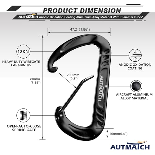 AUTMATCH Carabiner Clips, 3" Spring Snap Hook Caribeener Clips Buckle Pack Grade Heavy Duty Carabiners Quick Link for Camping, Fishing, Hiking, Traveling, 4 Pack - style: Aluminium Alloy 12KN - Black