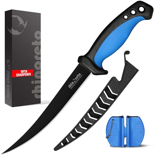 Rhinoreto Fillet Knife for Fish - Razor Sharp G4116 German Stainless Steel Blade, 6.5 Inch Professional Filleting & Boning Knife with Non-Slip Handle, Protective Sheath & Sharpener - color: Blue, size: 6.5"