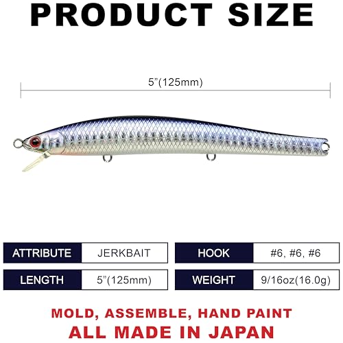 Lucky Craft FlashMinnow 125 YAWARA Saltwater Fishing Lure, Jerkbait for Halibut and Sea Bass, Long Casting Fishing Gear, Slow Sinking 5in 0.7oz, Tackle Box and Fish Accessories - color: 7635 KL Zebra Purple Anchovy, size: 125F, style: With Scale
