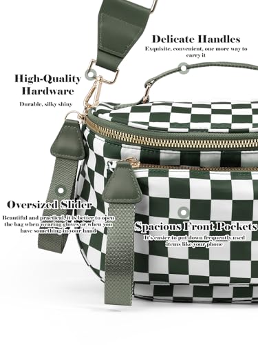 Checkered Crossbody Bag Bum Bag For Women,Spacious Checkered Purse Fanny Packs,Upgraded Version With Carry Handle - color: Handle Checkered - Bean Green