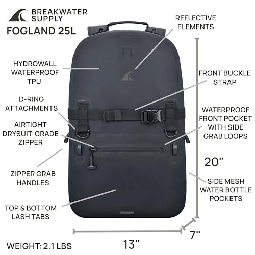 Breakwater Supply™ Fogland Waterproof IP68 Submersible Backpack | Laptop Sleeve & Airtight Zippers for Outdoors, Travel, Boating, Kayaking, Surfing, Floating Dry Bag, Unisex, TPU (Stealth Black, 25L) - color: Stealth Black, size: 25L