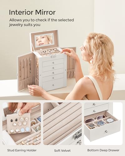 SONGMICS 6-Layer Jewelry Box Organizer with 5 Drawers, Jewelry Storage Case with Lock and Mirror, Large Storage Capacity, Gift for Loved Ones, for Necklaces, Watches, White UJBC152W01 - color: White, size: 6 Tier