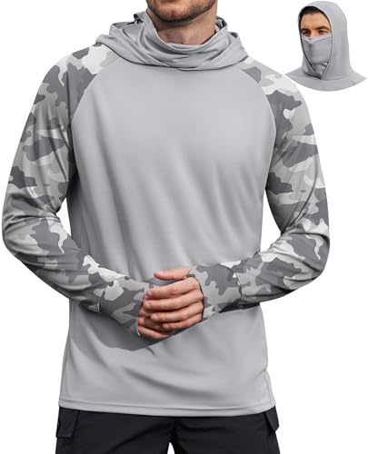 COOFANDY Mens UPF 50+ Sun Protection Hoodie with Mask Lightweight Long Sleeve SPF Fishing Shirts UV Hiking Running Rash Guard - color: Light Gray Camouflage, size: XX-Large