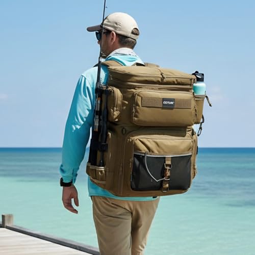 Goture Fishing Backpack, 66L 600D Tackle Backpack with Cooler,3 Rod Holders, Helmet Holder, Rain Cover, Saltwater Large Fishing Bag for Camping Hiking, Gear Storage Bag, Gifts for Men - color: B1:khaki(without Tackle Box)