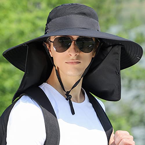 Women Wide Brim Face Mask Sun Hat Detachable Neck Face Flap Ponytail UV Protection Visor Hat Garden Fishing Hiking - color: Hyp008-black
