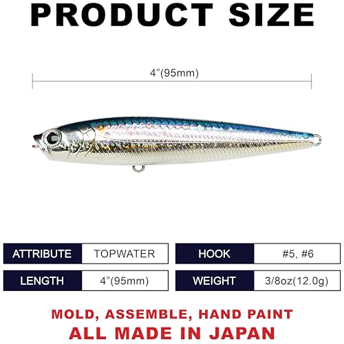 LUCKY CRAFT Gunfish 95NF Top Water Bass Fishing Lures, 4” Floating Lure with Cupped Mouth, Freshwater Trout and Bass Lures Fishing Gear, Accessories for Tackle Box - color: 270 MS American Shad