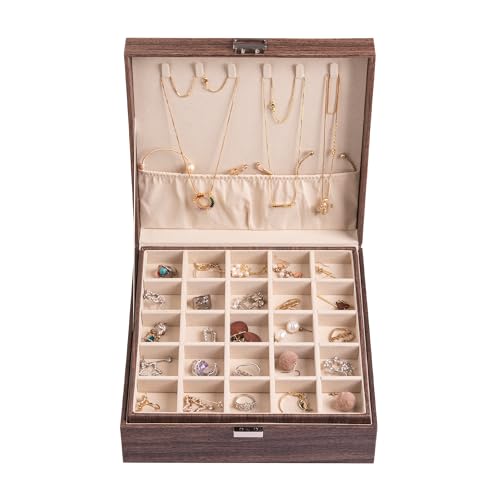 Frebeauty Earring Organizer Classic Jewelry Box 50 Slots Double Layer Jewelry Storage Case with 6 Necklace Hook and Bracelet Pocket(Tree Brown) - color: Tree Brown