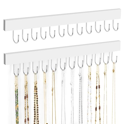 ZEDODIER 2 Pack Necklace Organizer Wall Mount, Wooden Jewelry Hanger Necklace Holder with 24 Hooks,Hanging Jewelry Organizer, White - color: White