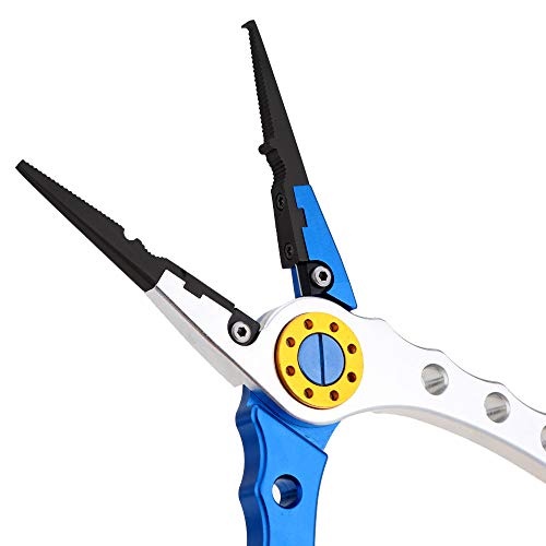 Lixada Fishing Pliers Saltwater Aviation Aluminum with Sheath and Lanyard - Braid Cutters Split Ring Pliers Hook Remover Line Cutting Stainless Steel Jaw Fish Holder, Durable & Lightweight - color: Blue & Silver