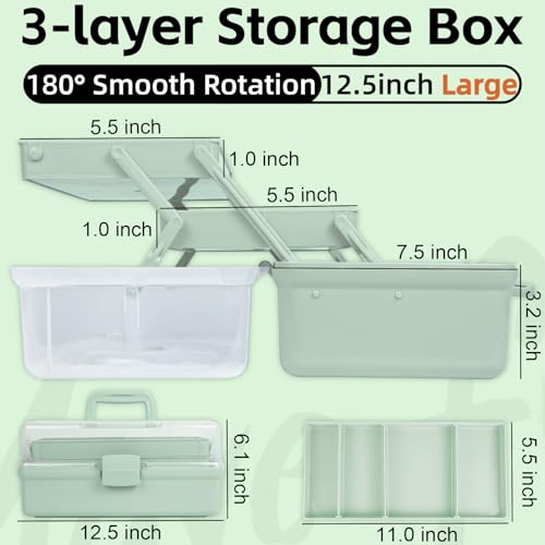 TERGOO 12.5in 3-Layer Multipurpose Craft Organizers and Storage with Adjustable Dividers, Portable Tackle Box, Folding Art & Craft Case for Medicine, Tool, Sewing Organizer (Haze Green) - color: Haze Green, size: Large
