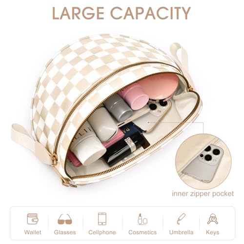 Checkered Nylon Crossbody Bag Bum Bag for Women Mom Large Checkered Fanny Packs with Adjustable Strap - color: Beige Checkered