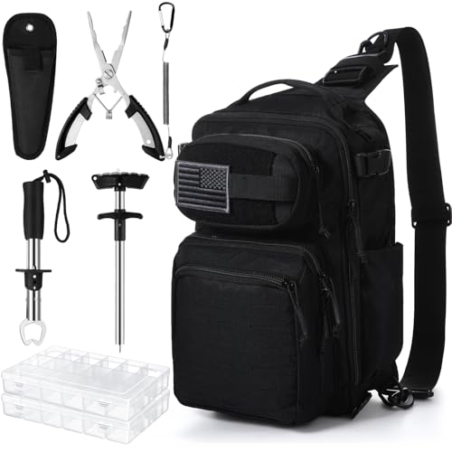 RoundFunny 9 Pcs Fishing Tool Kit Pliers Gear and Equipment Include Large Fishing Backpack, Tackle Box, Gripper, Plier, Lanyard, Hook Separator, Sheath, Patches - color: Black