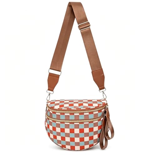 Checkered Crossbody Bum Bags for Women Nylon Checkered Purse Checkerboard Fanny Pack - color: B01-orange Green