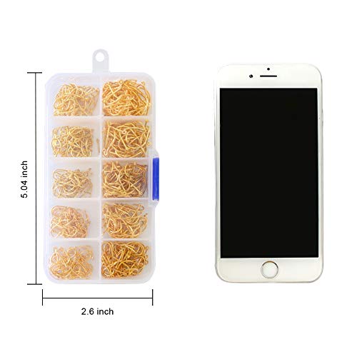 500PCS Small Fishing Hooks, Assorted 10 Sizes(3#-12#) Fish Hooks Portable Plastic Box, Strong Sharp Fishhook with Barbs for Freshwater/Seawater - color: Gold