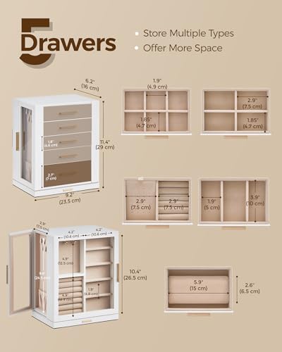 Glimmloop 360° Rotating Jewelry Box with 5 Drawers, Spacious Vertical Jewelry Organizer with Glass Window, Jewelry Storage Case, Dustproof & Moisture-resistant Design, White - color: White, size: 5 Drawers (6.2"D x 9.2"W x 11.4"H)