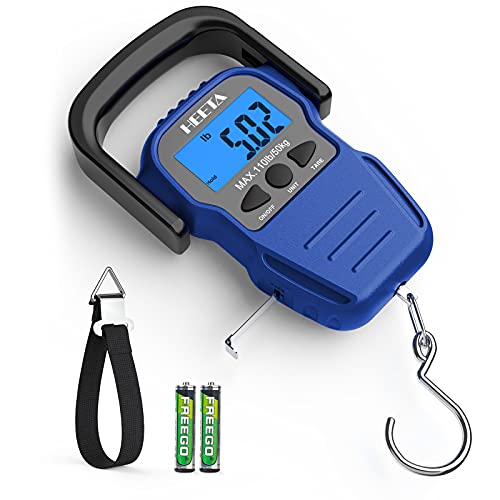 HEETA Fish Scale with Backlit LCD Display, Up to 110lb/50kg Digital Portable Hanging Fish Weight Scale with Hook & Measuring Tape for Home, Farm, Outdoor, Hunting, Fishing, 2 AAA Batteries Included - color: Blue