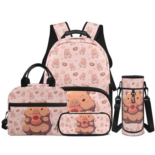 4 PCS Backpack for Kids Elementary Student Capybara Backpacks with Insulated Lunch Box Pencil Case Water Bottle Holder Carrier Bag Pink - color: Capybara Pink