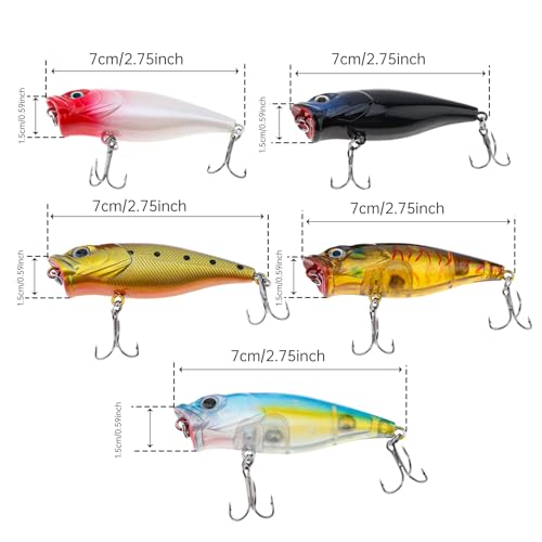 5pcs Fishing Popper Lure, Colorful 3D Eyes Topwater Lures Bass Lures Fishing Hard Baits