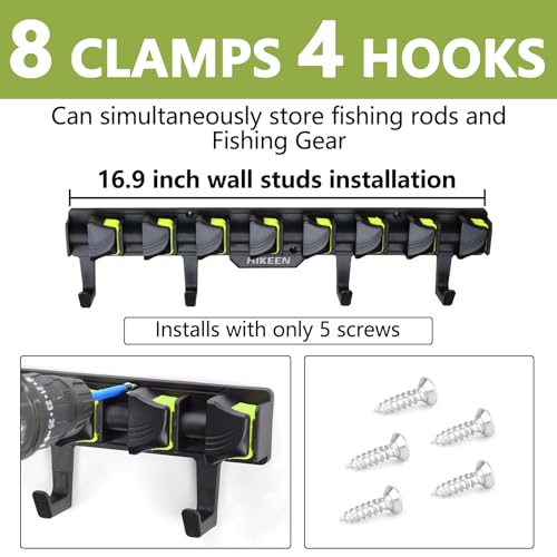 Fishing Rod Holders, Wall Mounted Fishing Rod Rack, Fishing Pole Holder Holds Up to 8 Rods or Combos, Fishing Rod Holders for Garage with 4 Hooks, Fits Most Rods of Diameter 3-24mm - style: Green-2Pack