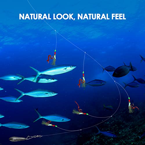 10 pcs Mackerel Feathers Rigs Saltwater, Pre-Tied Sea Fishing Bait Rigs with Luminous Colorful Feathers/Luminous Beads Bionic Flying Insects, Lure Rigs for Mackerel, Pollock, Cod, Bass - size: Hook Size 12+16+18, style: Style 1
