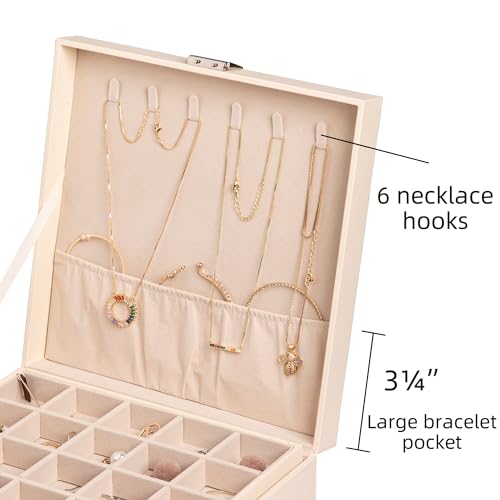 Frebeauty Earring Organizer Classic Jewelry Box 50 Slots Double Layer Jewelry Storage Case with 6 Necklace Hook and Bracelet Pocket(Beige) - color: Beige