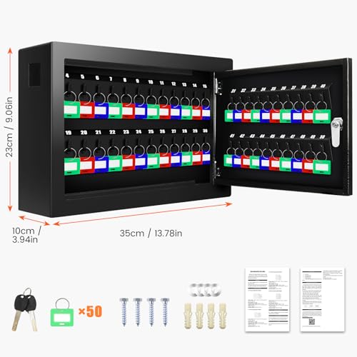 50 Keys Key Cabinet, Anti-Theft Key Lock Box with Key Tags, Adjustable Key Organizer Wall Safe for Car Office House Garage Rental Business - color: Black, size: 50 Key Hook