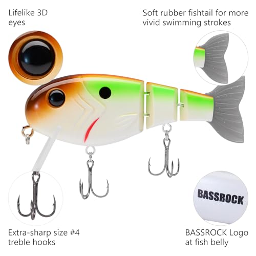 BASSROCK Topwater Fishing Lures for Bass Pike Salmon Floating Swimbait Jointed Crankbait Freshwater Saltwater 4.9in/1.76oz RK1001 - color: 4-Pack in 4 colors (GTRW), size: 4.9in/1.76oz