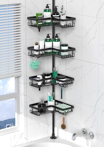 DAOYA Corner Shower Caddy Tension Pole - 4 Tier Stainless Steel Rustproof Shower Corner Caddy for Bathtub Bathroom Shower Organizer Shelves Adjustable Pole 25-114.2 Inch Black - color: Dark Black