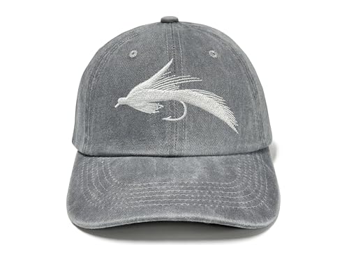 Fishing Baseball Cap for Men Women, Adjustable Embroidered Hat | Fishing Gear, Outdoor Adventure Design, Precision Embroidery Craft, One Size Adjustable Fit - color: Fly Fishing Lures (Washed Grey)