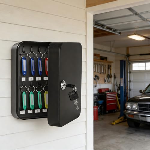 KYODOLED Key Box Wall Mount, Key Lock, 20 Hooks, Black | 20 Key Rings & Tags, Durable Steel, Key Storage for Home, Office & Property Managers, Indoor Use, 3.14"D x 6.3"W x 7.87"H - color: Black With Key Lock