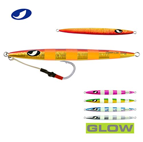 OCEAN CAT Slow Pitch Jig Flat Fall Jig Saltwater Fishing Luers Mental Vertical Jigging Baits with Hooks 5 Colors 4 Weights - color: #011:Red&Gold, size: 17 2/3oz(500g)