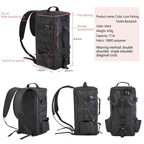 Fishing Backpack, 2 Fishing Rod Holders Fishing Tackle Backpack Without 4 Tackle Boxes, 17.4L Large Storage Fishing Gear Bag for Trout Fishing Outdoor Camping Hiking black