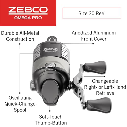 Zebco Omega Pro Spincast Fishing Reel, Dual Ceramic Pick-up Pins, Solid-Brass Pinion Gear, GlideLine ll Line Retrieval System, Pre-Spooled - size: 20 (Clam Pack)