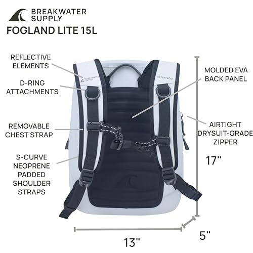 Breakwater Supply™ Fogland Lite Small Waterproof IP68 Submersible Backpack | Laptop Sleeve & Airtight Zippers for Outdoors, Surfing, Kayaking, Hiking, Cycling, Unisex TPU Dry Bag (Fog White, 15L) - color: Fog White, size: 15L