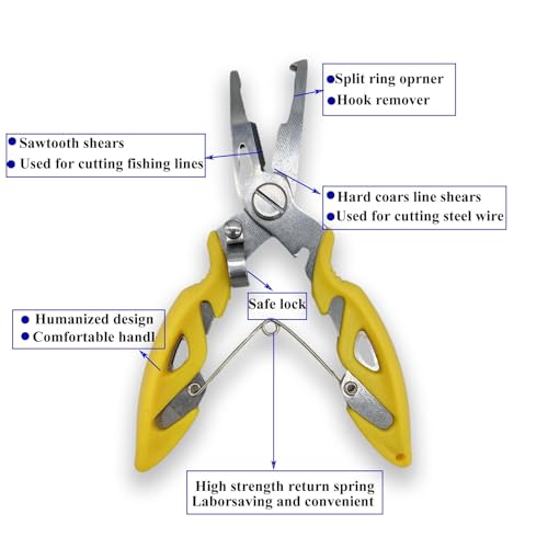 Pack of 201pcs Fishing Stainless Steel Split Rings 5 Sizes and Plier Set, Split Ring Capable of withstanding Large tensile Force and Fishing Plier Tool Kit for Saltwater Fishing Lure Connectors… - color: 250pcs Rings&Yellow plier
