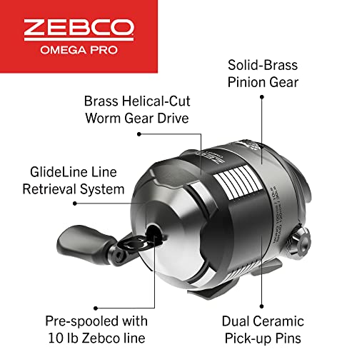 Zebco Omega Pro Spincast Fishing Reel, Dual Ceramic Pick-up Pins, Solid-Brass Pinion Gear, GlideLine ll Line Retrieval System, Pre-Spooled - size: 30 (Clam Pack)