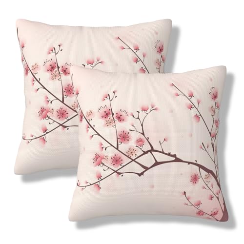 Spring Pink Throw Pillow Covers Chinese Cherry Blossom Flower Square Pillow Cases 20x20 Inch Set of 2 Japan Plum Branch Outdoor Decorative Pillowcase Cushion Cover for Couch Sofa - color: Pink, size: 20" x 20" (Pack of 2)