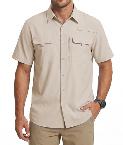 WULFUL Men's Sun Protection Fishing Shirts UPF 50+ Lightweight Quick Dry Cooling Short Sleeve Shirts for Work Hiking Safari - color: Khaki, size: Medium