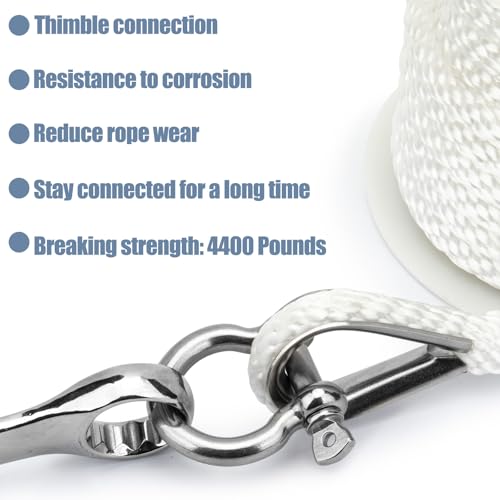 Anchor Rope Braided Anchor Line(White, 3/8" x 50') Premium Solid Braid MFP Boat Rope with Stainless Steel Thimble & Shackle, Quality Marine Line, Boat Accessories - style: 3/8" x 50'
