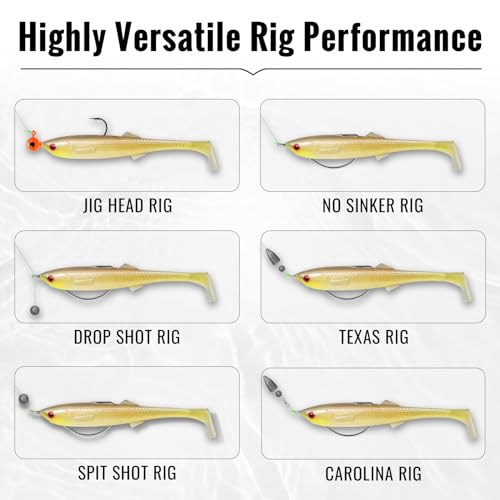 TRUSCEND Shadtale Easy Catch Soft Fishing Lures with BKK Hooks - Trembly Sinking and Vibrating Swim for More Bites, Pre-Rigged Swimbaits for Bass, Trout, Crappie, Walleye, Freshwater Saltwater Fishing - color: F1-3.35",0.2oz,10pcs