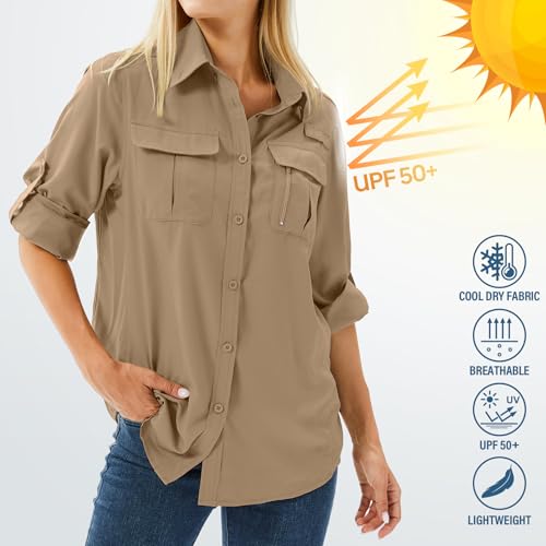 Women's UPF 50 Long Sleeve Sun Protection Shirts Safari Fishing Hiking - color: Gravel Brown, size: Small