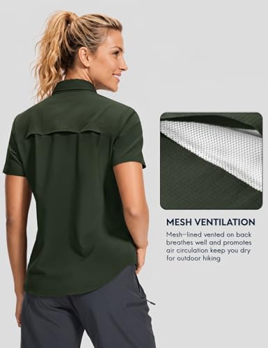Haimont Women's UPF 50+ Short Sleeve Hiking Button Down Shirt | Quick-Dry Stretch, Mesh Back Vents, 2 Chest Pockets + Zip Pocket, Sunglasses Loop, Lens Cloth, Travel - color: Army Green, size: X-Small