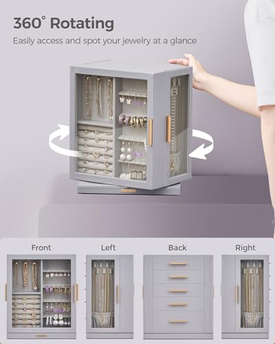 Glimmloop 360° Rotating Jewelry Box with 5 Drawers, Spacious Vertical Jewelry Organizer with Glass Window, Jewelry Storage Case, Dustproof & Moisture-resistant Design, Grey - color: Grey, size: 5 Drawers (6.2"D x 9.2"W x 11.4"H)