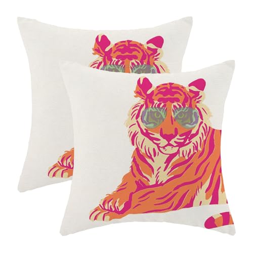 Hot Pink Tiger Preppy Pillow Covers 16x16 Inch Set of 2 Trendy Pink Orange Tiger Throw Pillows Outdoor Decorative Fun Funky Dormitory Pillowcases Linen Cushion Cases for Bed Sofa Couch College - color: Pink Tiger, size: 16" x 16" (Pack of 2)