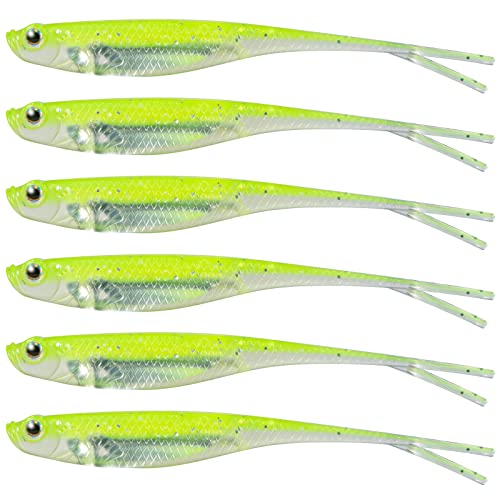 Dr.Fish Soft Plastic Baits, Fork Tail Soft Jerkbait Minnow Lures, 3 to 4-3/4 Inches Soft Swimbaits Jerk Shad Baits Crappie Bass Fishing Lures - color: Chartreuse, size: 4.75"-5 Pack